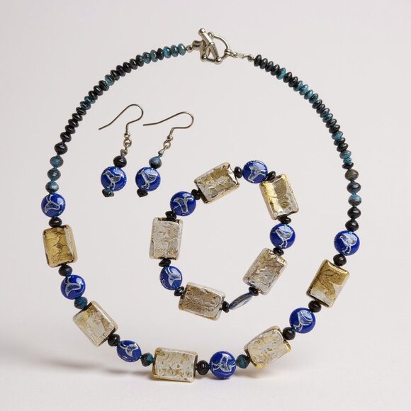 Hand Crafted Navy Blue Gold Foiled glass bead And Bird Necklace Bracelet Earring - Picture 1 of 4